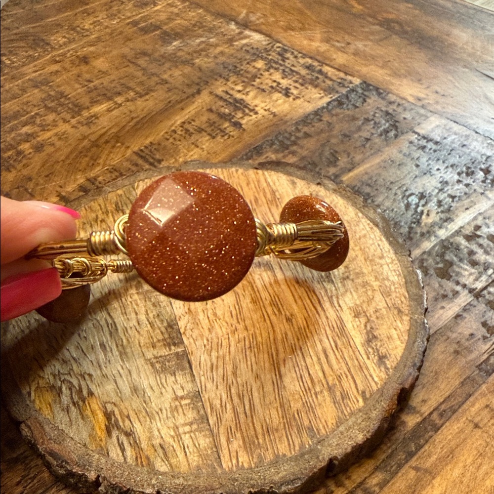 Bourbon and Bowties Goldstone Brown and Gold Wire Wrap Bracelet